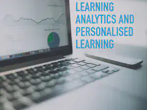 Slide 7 - Learning analytics and personalised learning with a decorative image of a laptop with a dashboard shown on screen with a projector remote next to it
