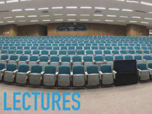 Slide 3 - empty lecture hall with the heading &rsquo;lectures&rsquo;