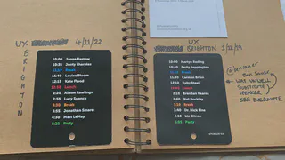 Two pages in a sketchbook showing the back of a conference name badge, displaying the schedule. One is for 2020 and one is for 2022.