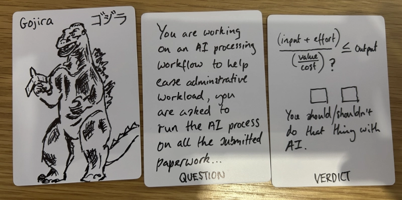 Three cards in a row from my generative AI discussion card game. The first card shows a hand-drawn Godzilla holding a plane with Japanese characters, then a question card about a wasteful AI processing workflow. Then an speculative equation for thinking about whether AI is the right solution