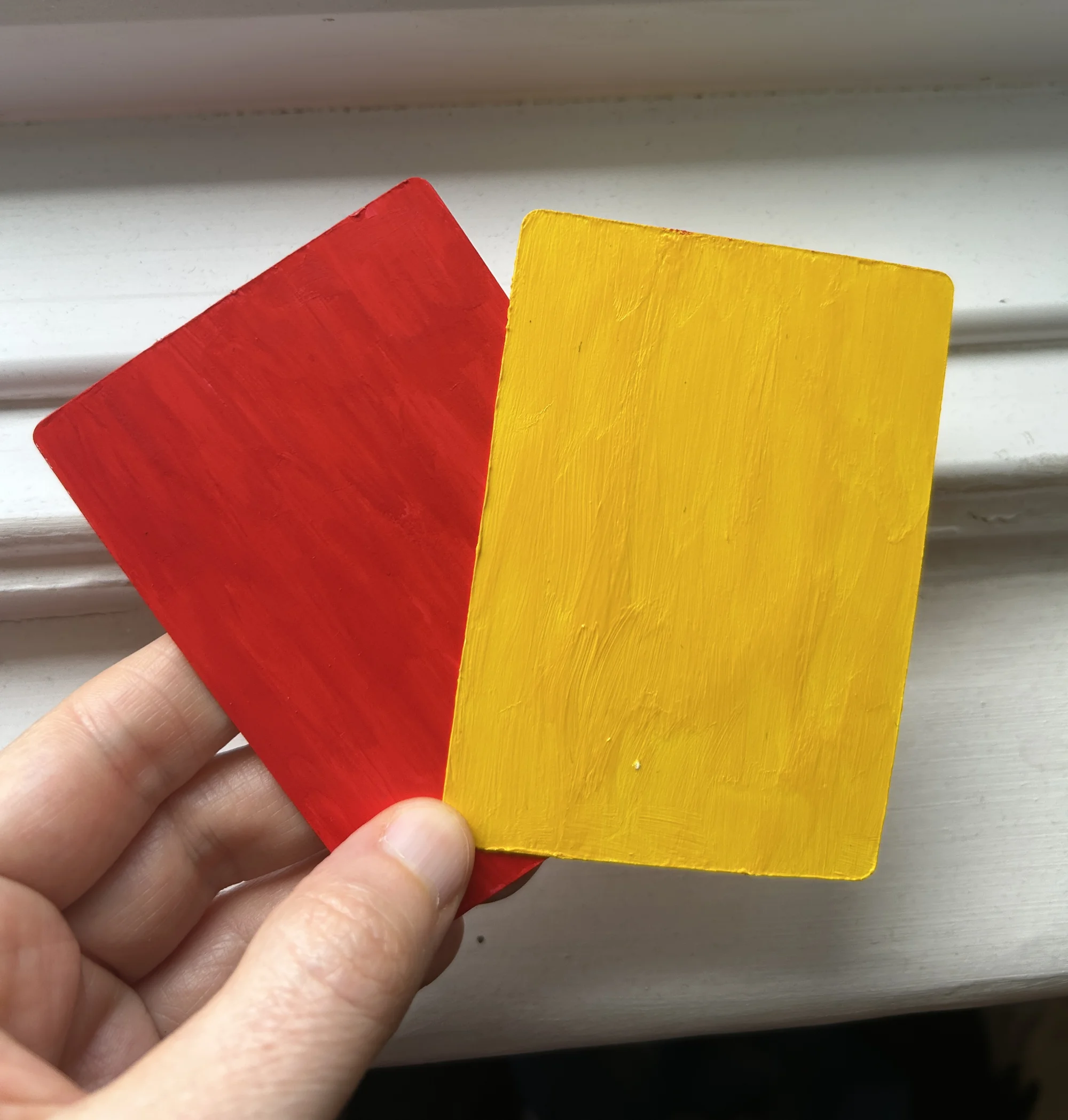 Fiona's hand is shown holding the red card and yellow card against a neutral background near a window.