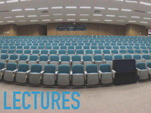 Slide 3 - empty lecture hall with the heading &rsquo;lectures&rsquo;