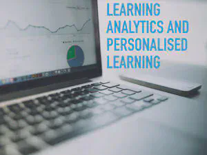 Slide 7 - Learning analytics and personalised learning with a decorative image of a laptop with a dashboard shown on screen with a projector remote next to it