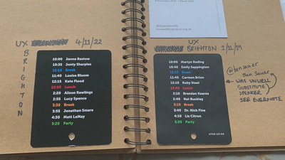 Two pages in a sketchbook showing the back of a conference name badge, displaying the schedule. One is for 2020 and one is for 2022.
