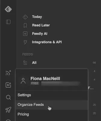 Feedly account options - Organize Feeds is selected