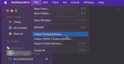 NetNewsWire top menu, file, then import subscriptions option