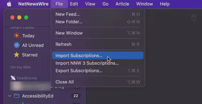 NetNewsWire top menu, file, then import subscriptions option