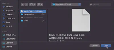 NetNewsWire - select the OPML file which you downloaded to your computer