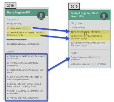 Side-by-side comparison of the user menus for students in 2018 and 2019