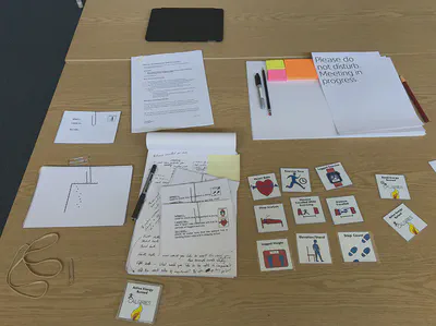 Interview kit on a table, with do not disturb sign, pens, post-its, and a card sorting exercise’